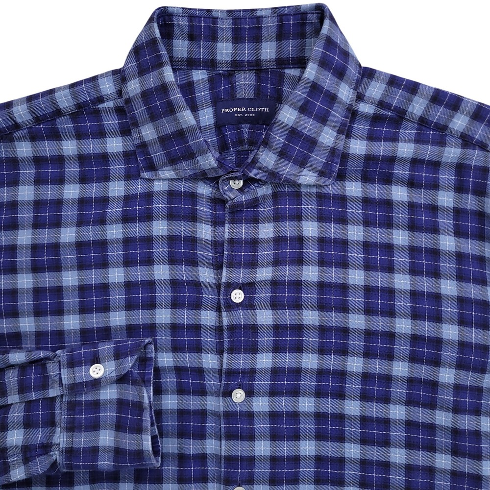 Proper Cloth Shirt Mens L Blue Tartan Plaid Slim Fit Cotton‎ Button Up